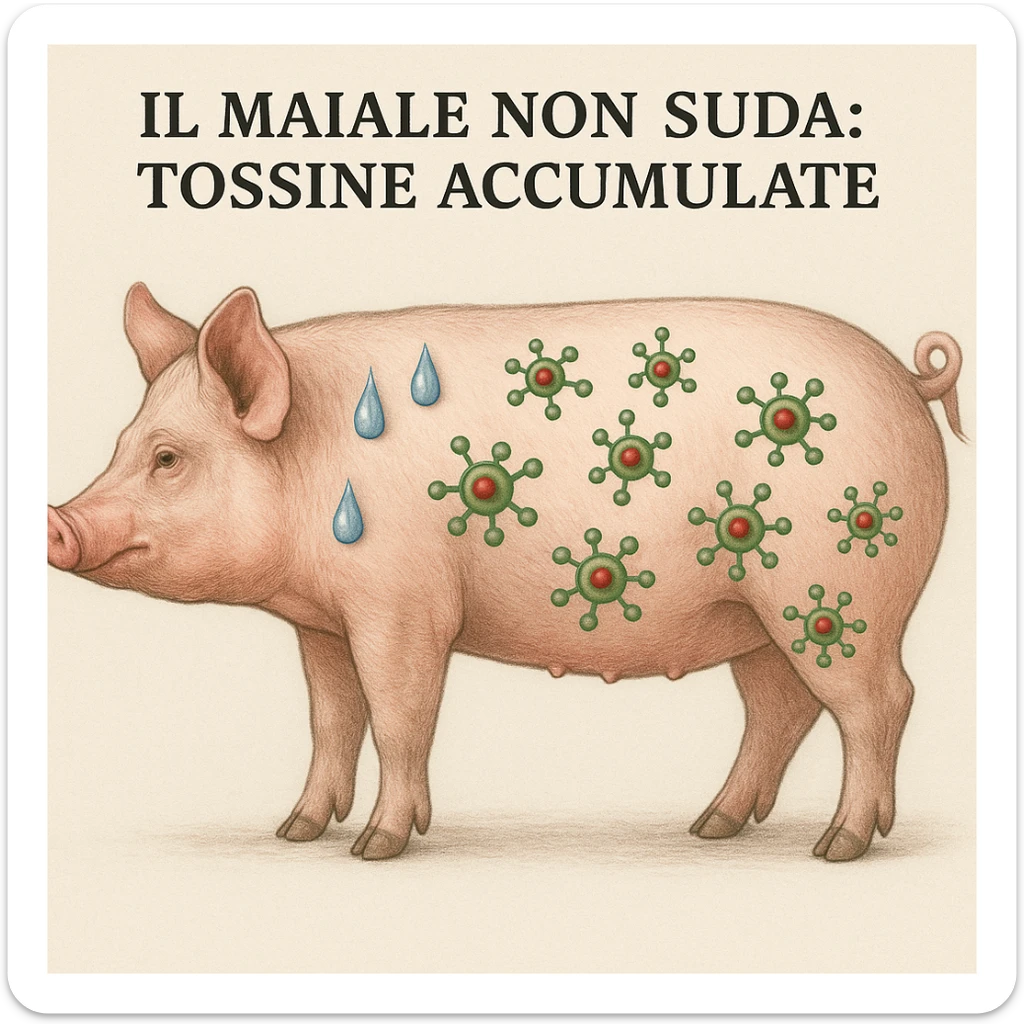 realistic illustration of a pig seen in profile with barred sweat drops and green/red toxin molecules accumulating inside the body, neutral background, Italian text: 'Il maiale non suda: tossine accumulate', 4K quality sticker