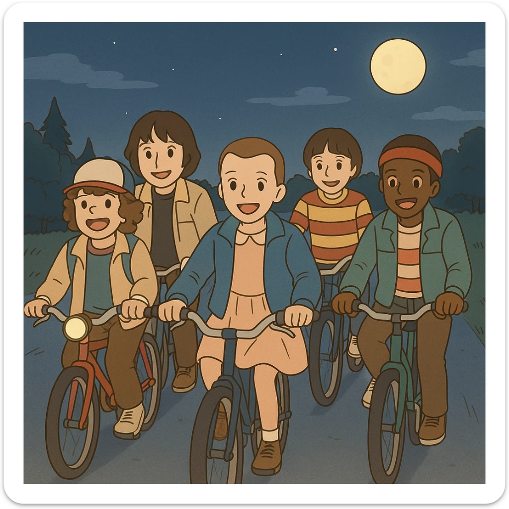 Iconic Stranger Things scene: group of friends (Eleven, Mike, Dustin, Lucas, and Will) riding bicycles together at night, all smiling, atmosphere of friendship and adventure, simple line art, light pastel tones, thick outlines, Ghibli style, 1:1 format, safe and friendly. sticker