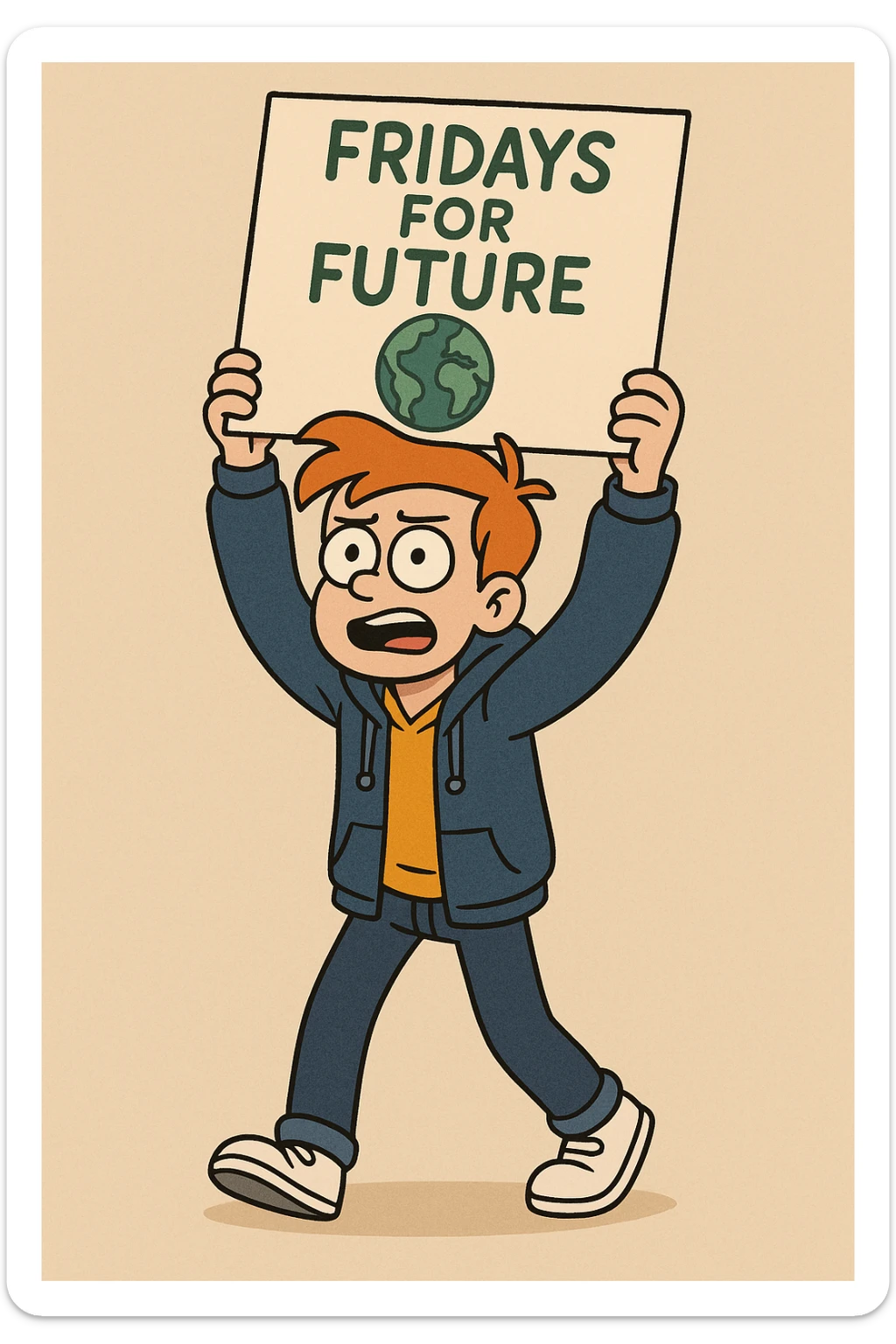  Fridays for Future a boy Yellow Orange hair shirts blue jackets hoodie dark blue jeans white shoe  sticker