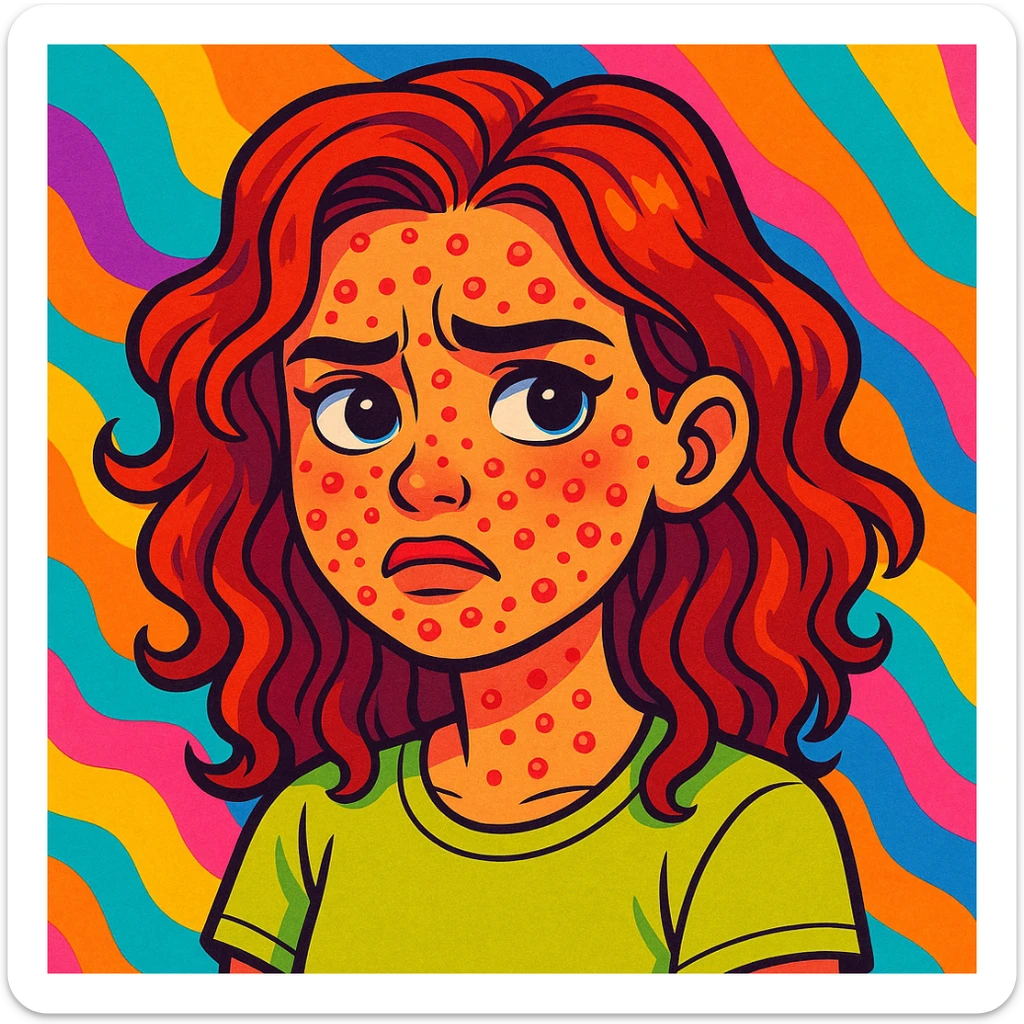 vibrant toon style chica con acné en el rostro, fondo colorido sticker