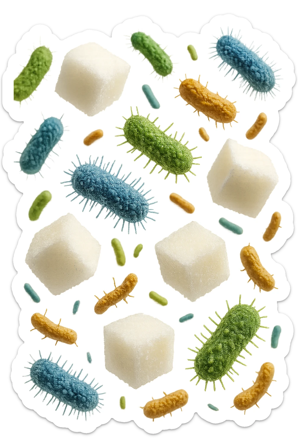 ZOLLETTE DI ZUCCHERO FLUTTUANO IN ARIA INSIEME A BATTERI INTESTINALI REALISTICI
IPERREALISTICO 4K, SFONDO BIANCO sticker