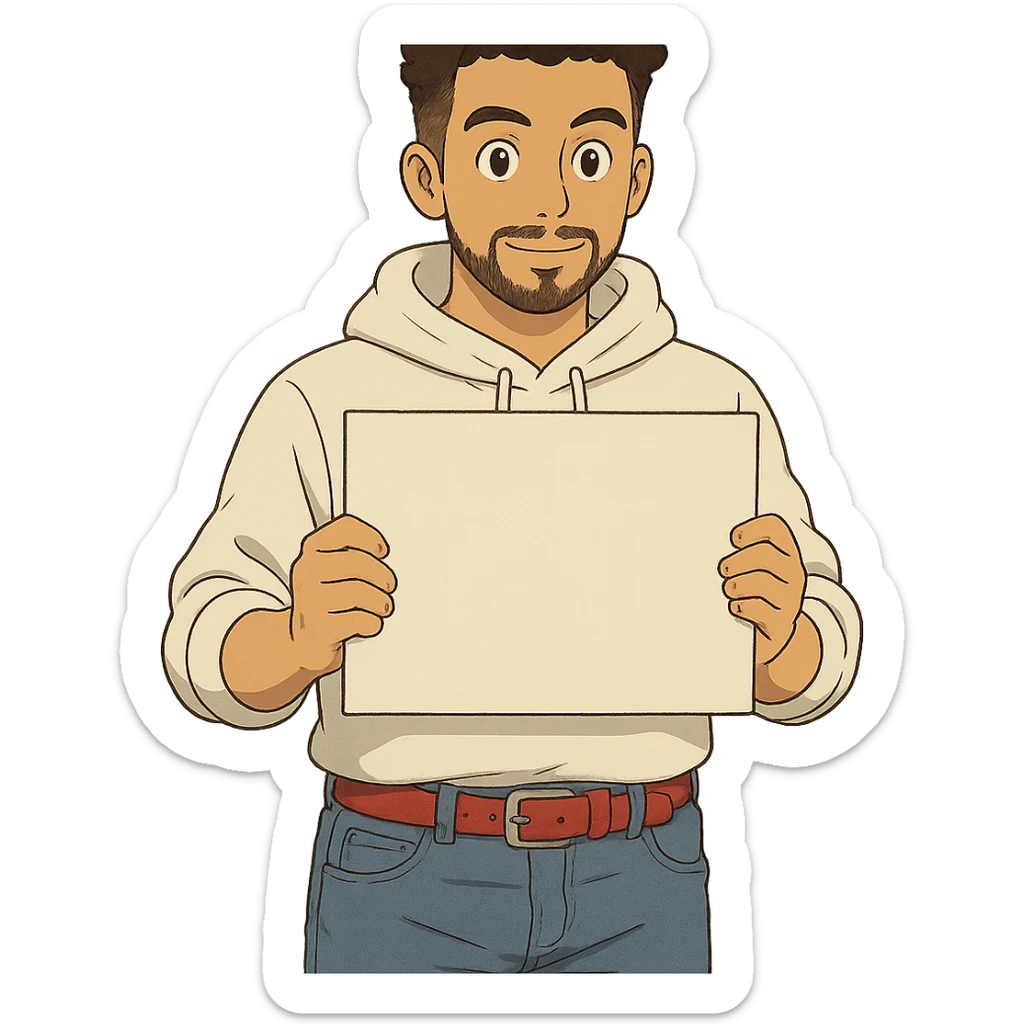 1 male, mid fade haircut dark chestnut brown curly hair, toasted lightskin, white hoodie sleeves up, fashion jeans, red fashion-sneakers shoes, red belt, short trimmed beard and goatee,  style of deku from "my hero academia", pose: holding a blank poster chest level, the image is framed from the waist to above the top of the head sticker