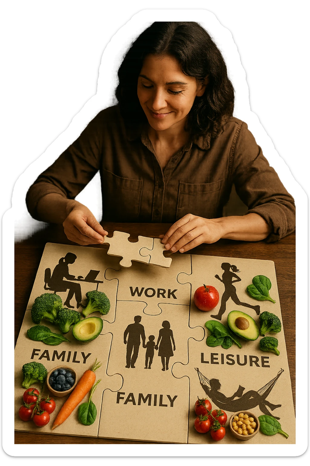 realistica cinematic photo a person is surrounded by puzzle pieces, each representing a different aspect of their life (work, exercise, family, leisure), and healthy foods are integrated into each piece. The person assembles the puzzle, creating a complete, personalized nutrition plan. The mood is uplifting and creative. in italiano sticker