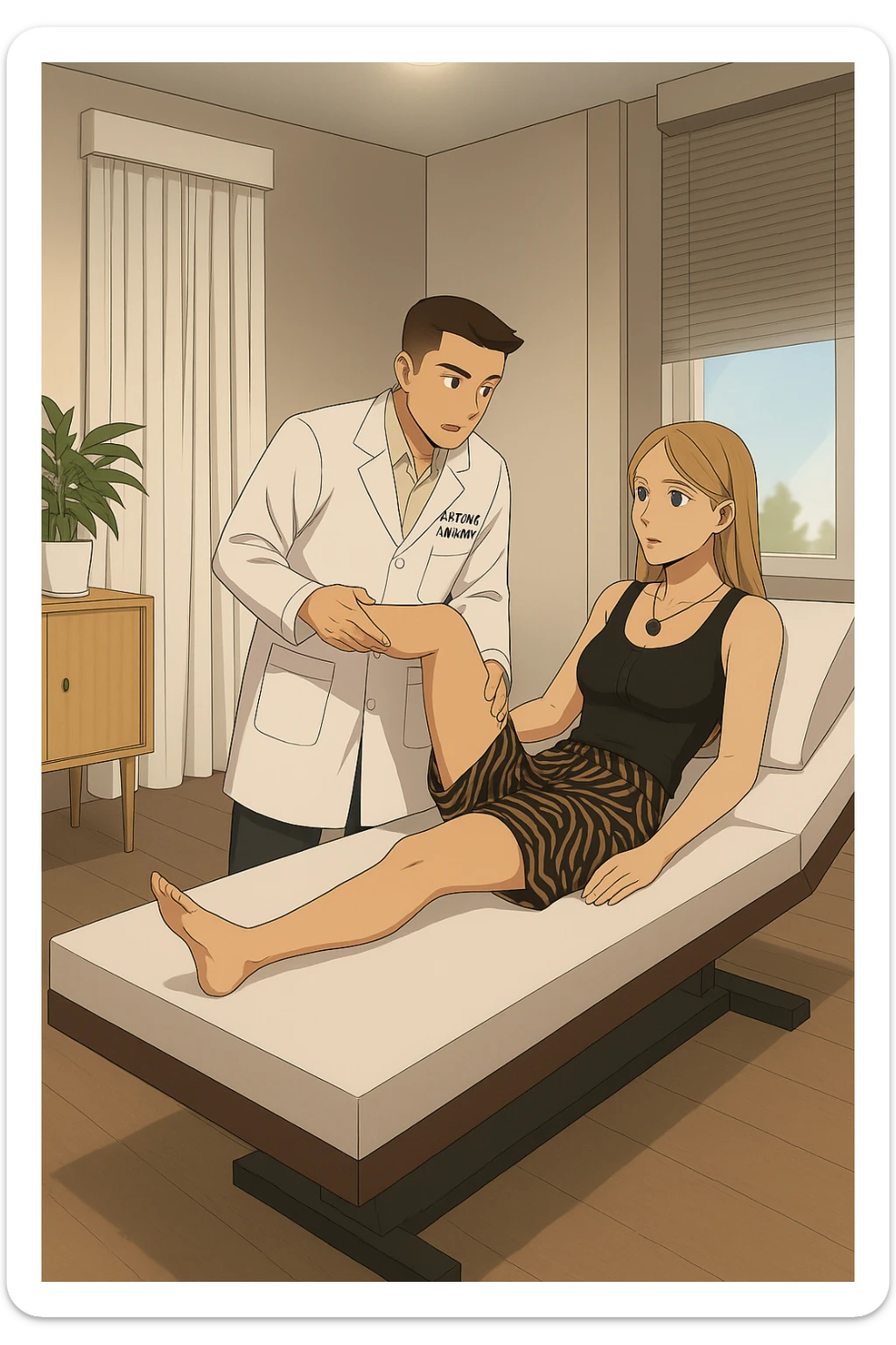 fai un webtoon/manga a colori con questo kinesiologo in camice bianco (fagli la scritta "ANTONIO ANANIA" SUL CAMICE) CHE SVOLGE UN TEST NEUROMUSCOLARE SOLLEVANDO UNA GAMBA ALLA RAGAZZA CHE è STESA SU UN LETTINO BIANCO. STANZA SEMPLICE E MODERNA, DURANTE IL TEST I DUE DIALOGANO TRA LORO. NON FARE I FUMETTI, FAI SOLO LORO COME SE DIALOGASSERO sticker