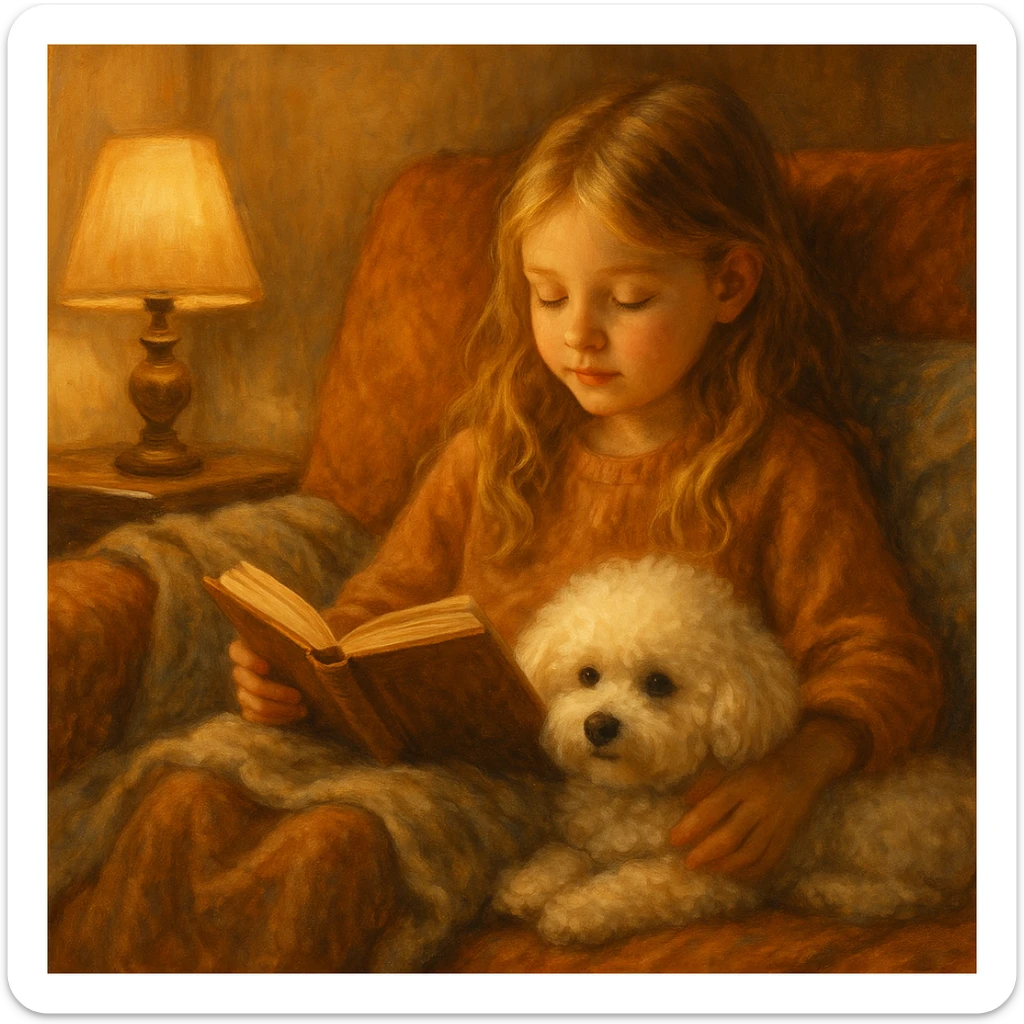 girl with blond hair reading a book with a bichon dog, in a cozy setting sticker