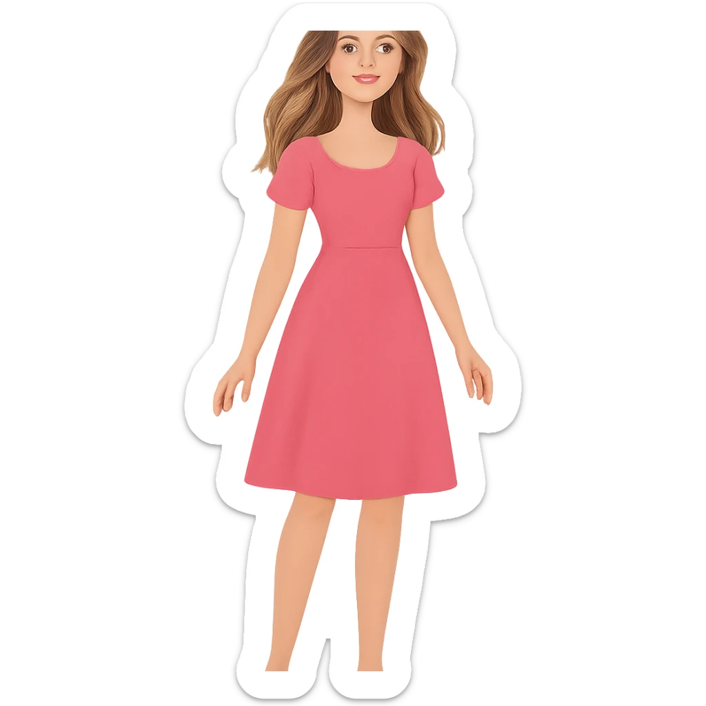 pretty girl with bronde hair wearing a pink dress, full body, friendly expression, clean background, modern illustration style sticker
