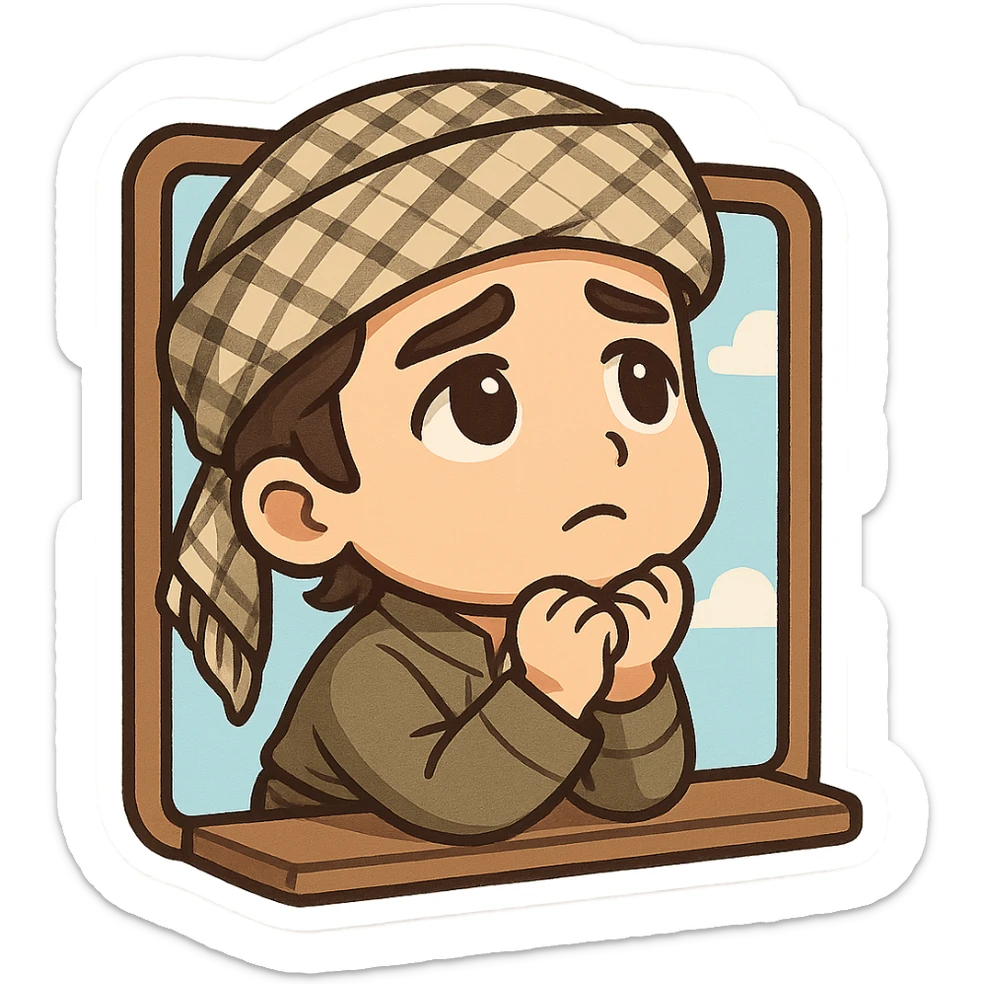 Kurdish sticker, cartoon style, Kurdish man or woman in jamadani, looking at the sky or window, longing expression, no text sticker
