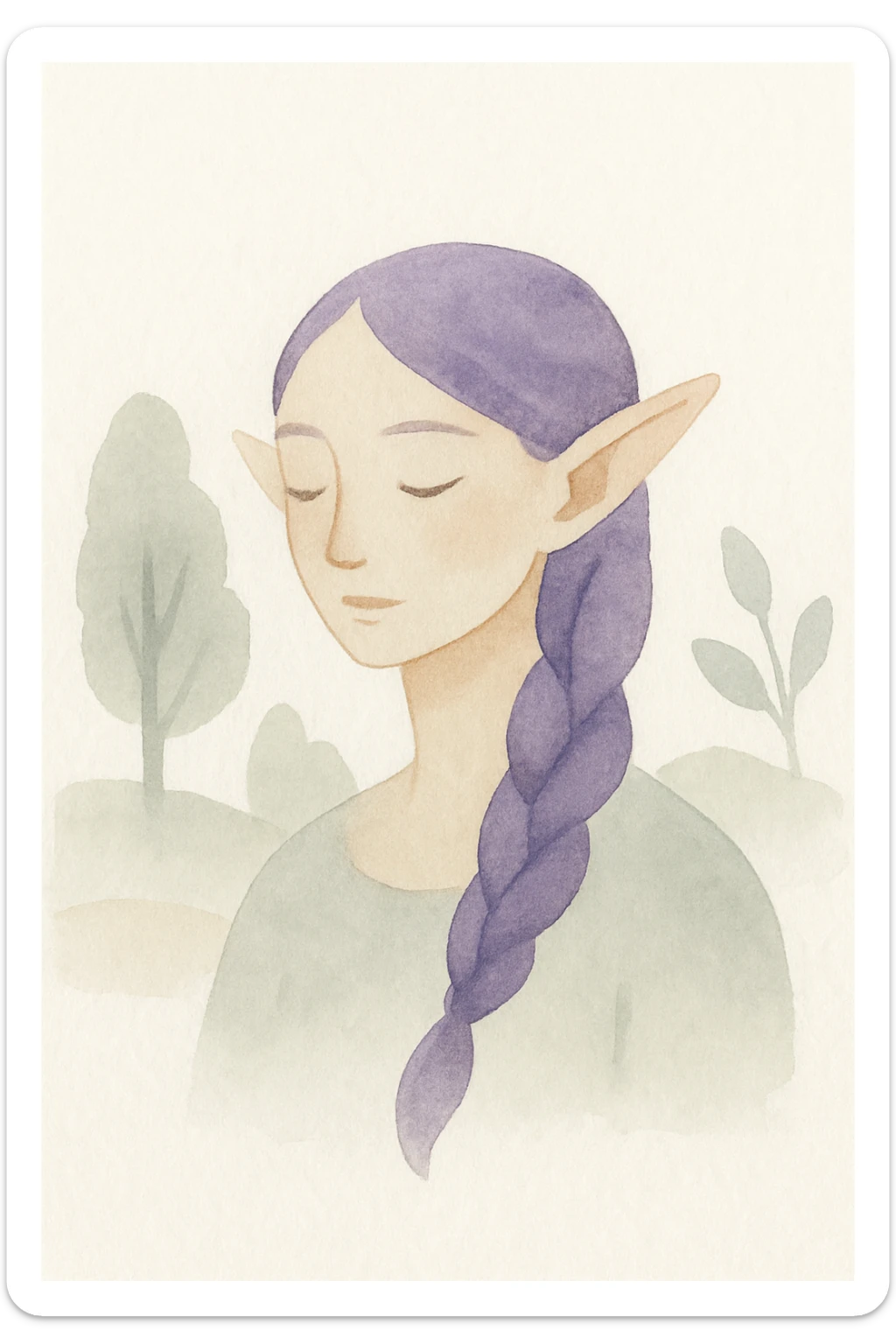 gentle elf with long braided purple hair, nature background, soft watercolor style sticker