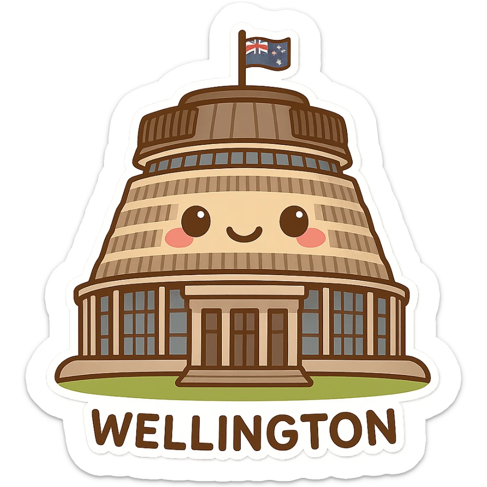 the Beehive Parliament building in Wellington, New Zealand, stylized as a cute cartoon, no text sticker