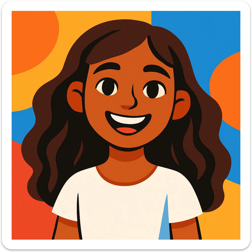 young girl with light brown skin, long brown wavy hair, wearing a white top, smiling, modern friendly illustration style sticker