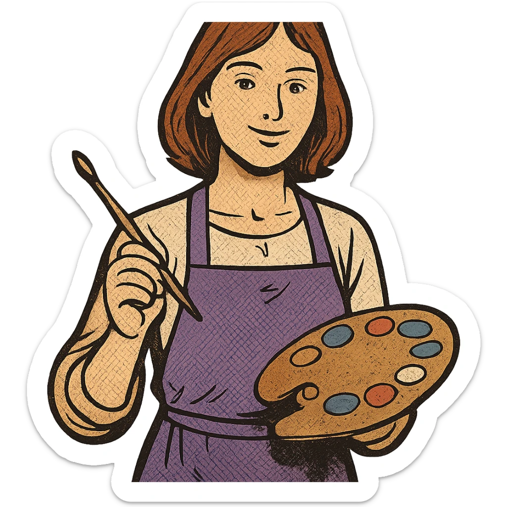 Serene female oil painter, Caucasian features, shoulder-length auburn hair, soft brown eyes, gentle smile, wearing a violet painter’s apron lightly stained with paint over a beige blouse, holding a wooden palette with vibrant colors in one hand and a brush in the other, waist-up, front-facing sticker