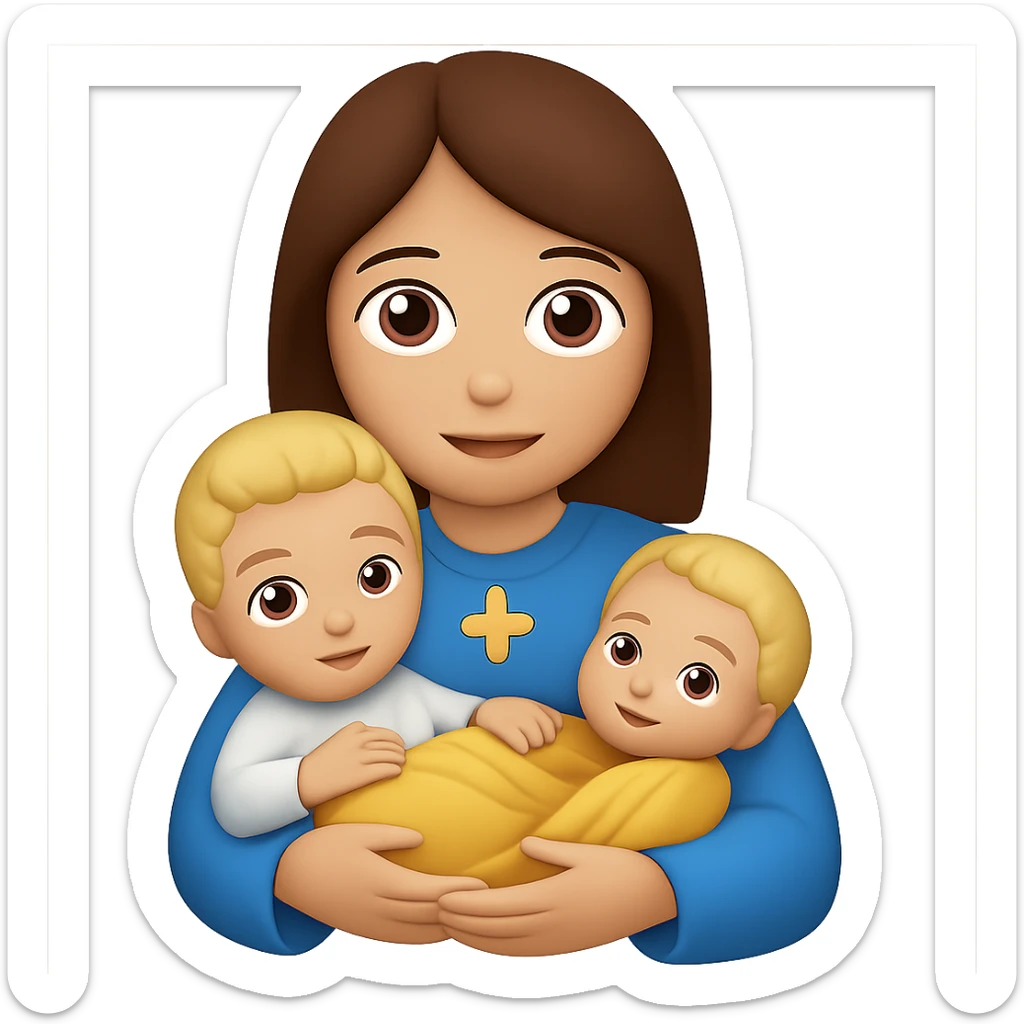 Remove hood from Mary, give her brown hair, keep light skin and baby Jesus, in emoji style. Remove background. sticker
