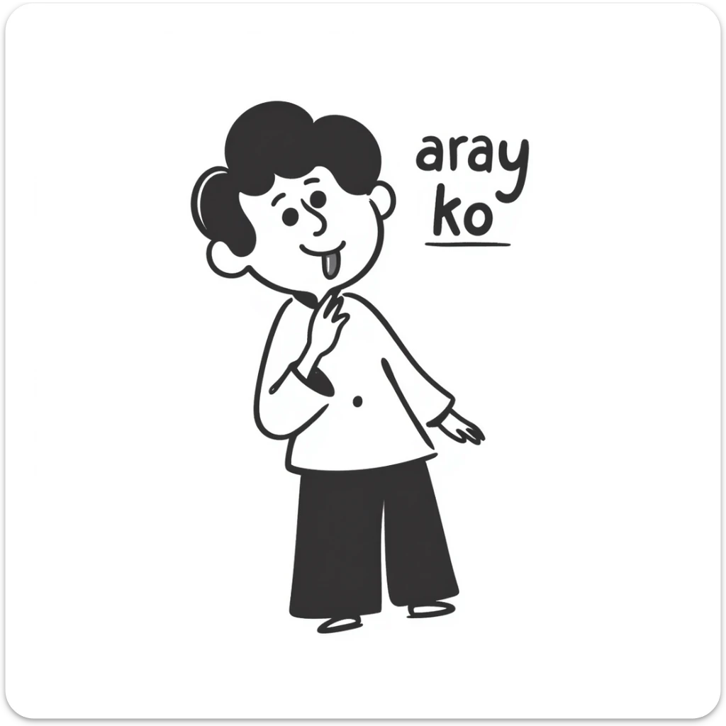 a guy with his tongue out and the words 'aray ko' in hand drawn doodle style sticker