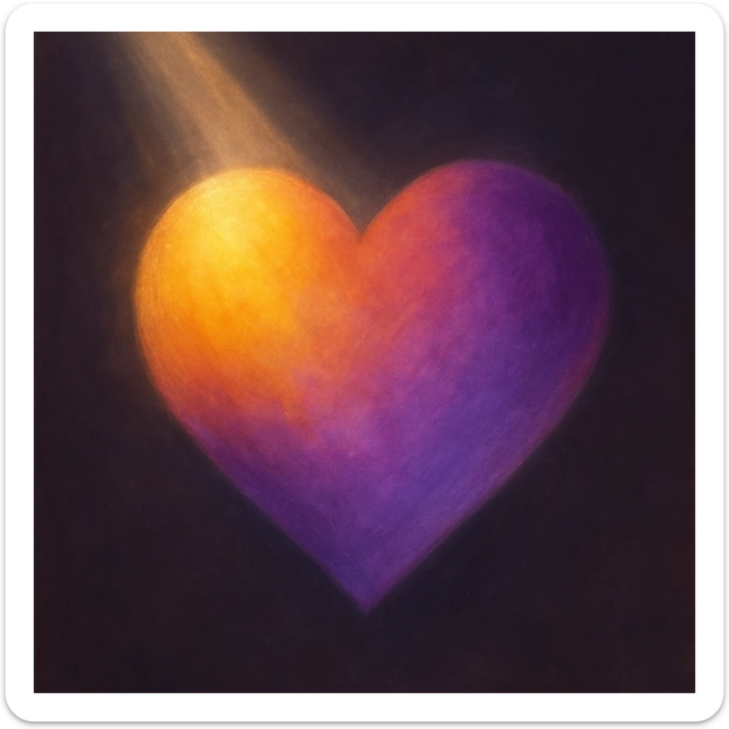 A heart with a warm gradient, including yellow, orange, purple and lilac shades, a ray of light and darker muted tones, aspect ratio 3x4 sticker