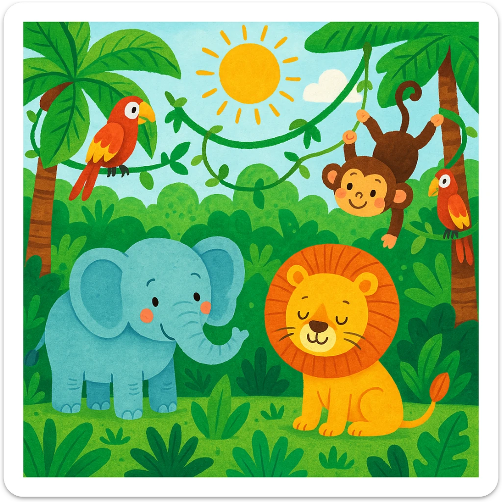 digital illustration of jungle safari in the style of children's illustration   sticker