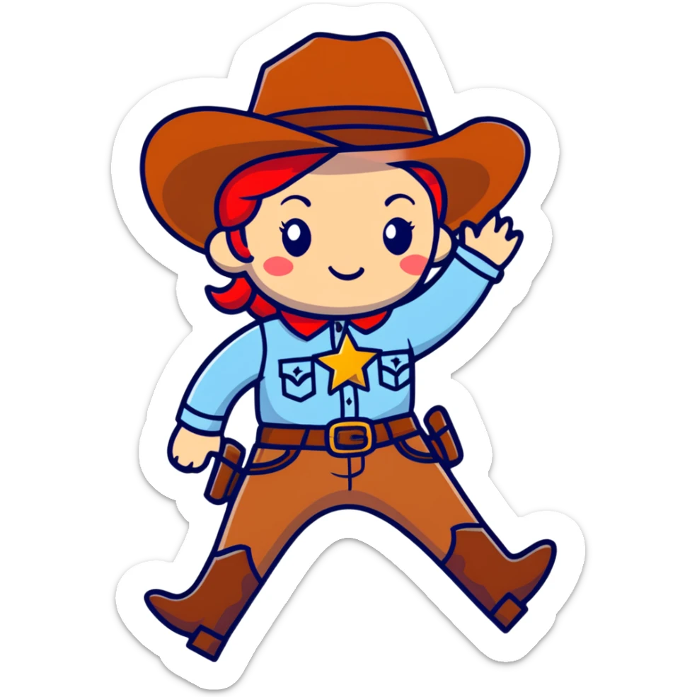 A cartoon stuffed cowgirl toy with freckles, red hair and a star-shaped badge sticker