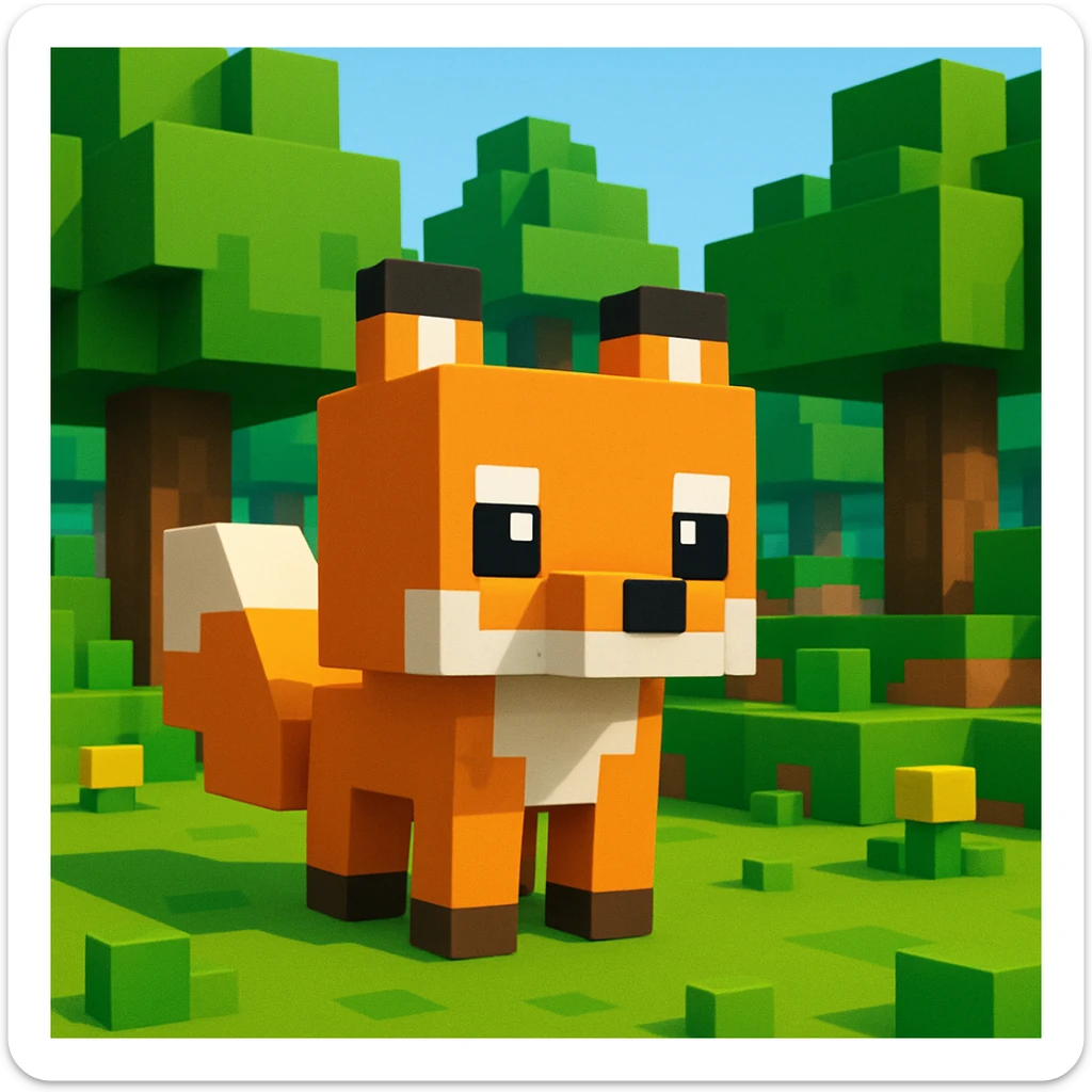 Minecraft fox character, blocky and geometric, expressive eyes, standing in a forest biome sticker