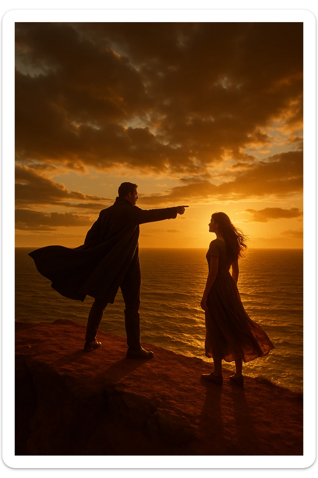 A cinematic scene of a man as a commander guiding a woman toward a bright future, standing on a cliff edge overlooking a vast ocean at sunset, with the man pointing forward while the woman looks at him, ready to follow his lead. The man wears a dark coat blowing in the wind, creating a heroic silhouette, while the woman wears a flowing dress, her hair catching the light. Warm, dramatic lighting with golden tones, emphasizing hope and leadership. Wide-angle shot capturing the epic scenery and emotional connection.
 sticker