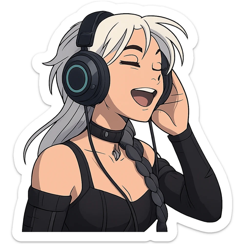she is listening to music in headphones and JAMMIN!, a closeup portrait of young woman with gold yellow eyes, white hair, long braid, black off-shoulder top d-cup, punk gothic style, futuristic cyberwave cyberpunk,  sticker