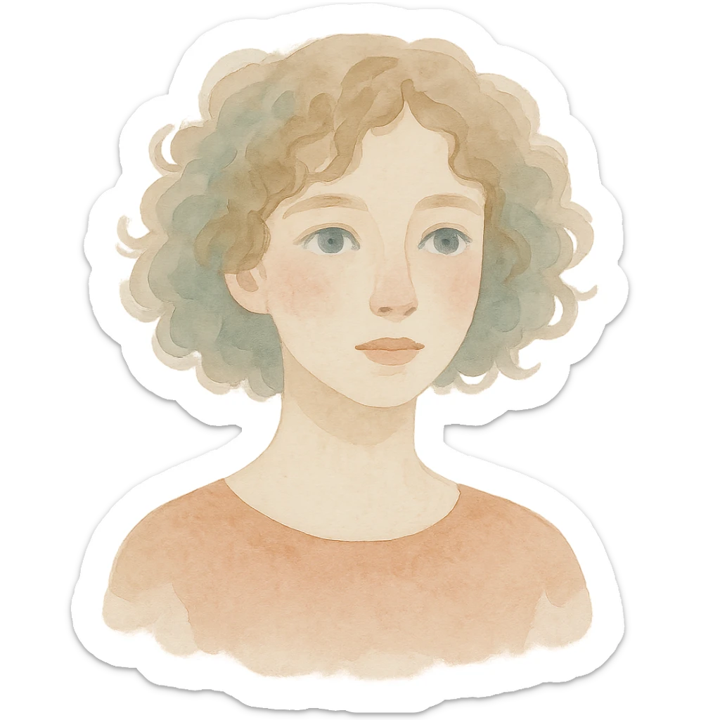 a girl with curly hair, pale skin, and blue eyes, watercolor art style sticker