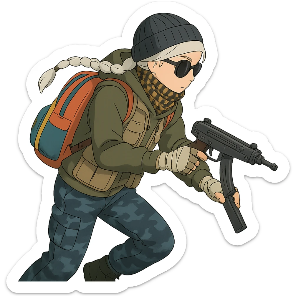 1 female, long white braid, knit cap, dark sunglasses, shemegh neckwrap, fishing vest, vibrant shool backpack, drab hoodie, handwraps, blue camo pants, tactical reload of a VZ-64 Scorpion, hunched over, on the move sticker
