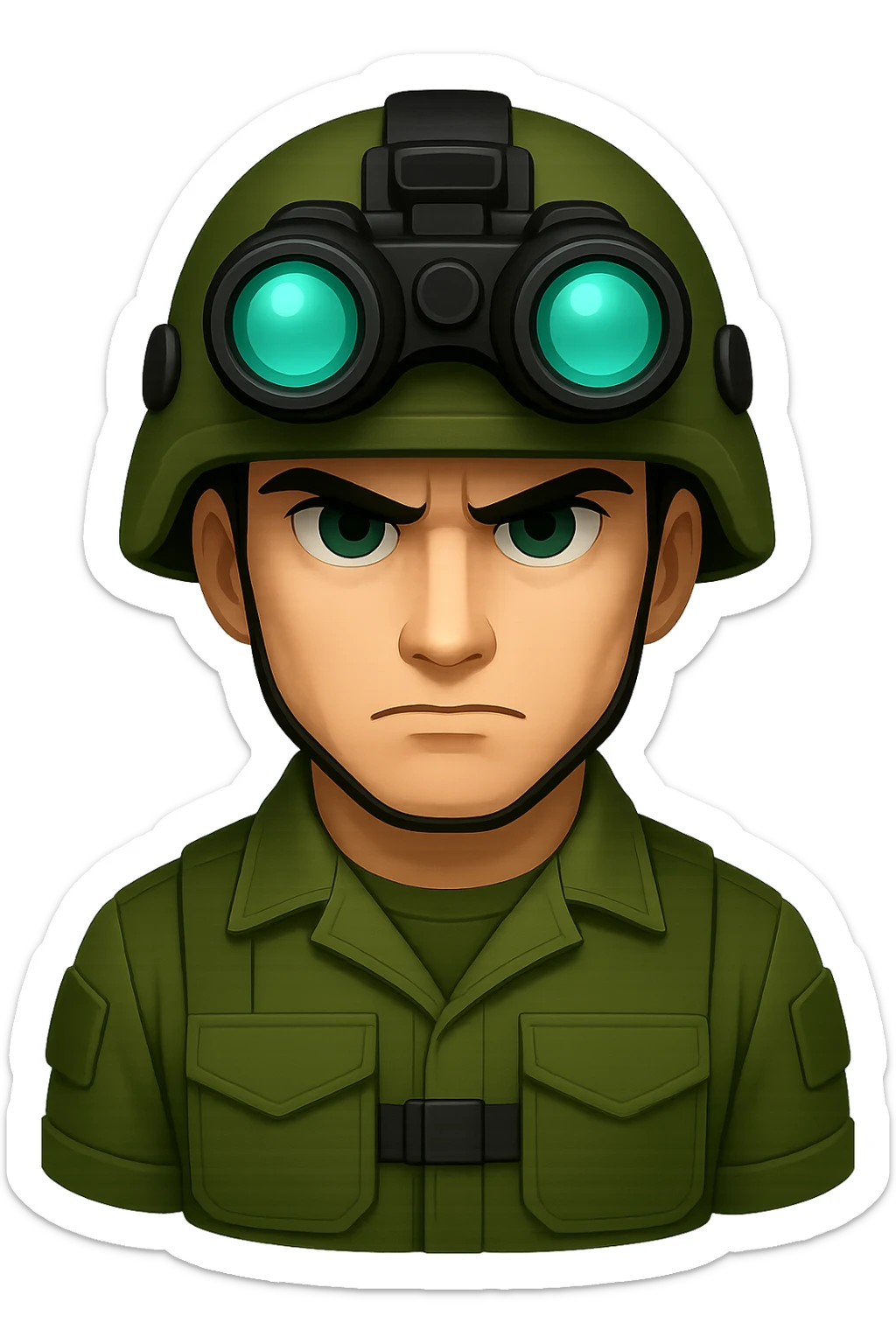 Make the white-skinned male soldier look even cooler and more intimidating, wearing stylish green gear, a distinctive modern helmet, and night vision goggles. Render in emoji style with no background (transparent). sticker