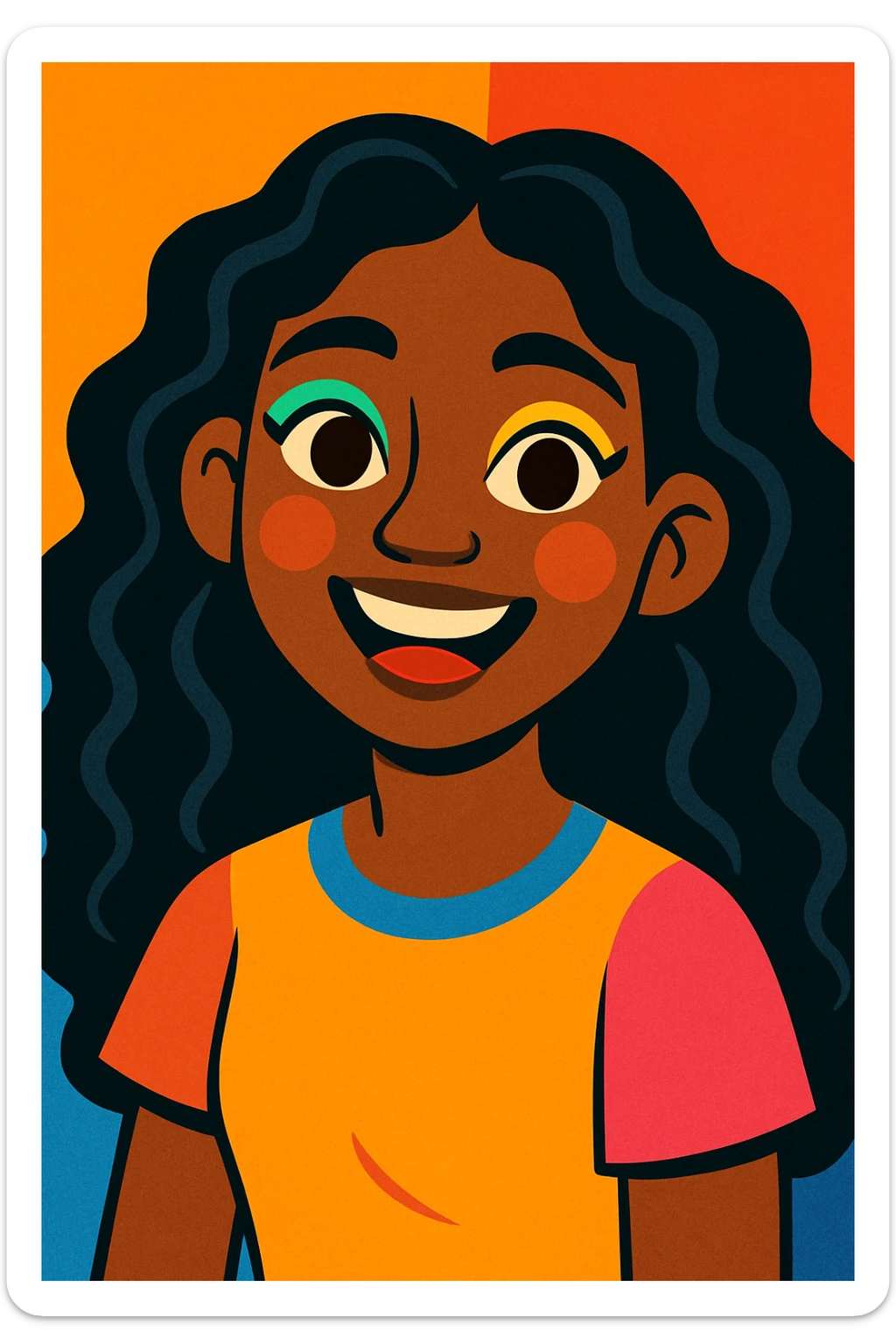 portrait of a brown-skinned girl with long, curly black hair, brown eyes, colorful makeup, cheerful expression sticker