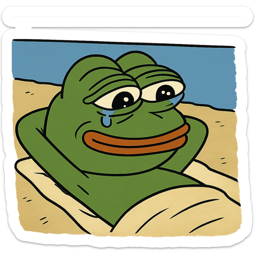 Pepe the Frog lying with a towel by the water, transparent background, PNG sticker