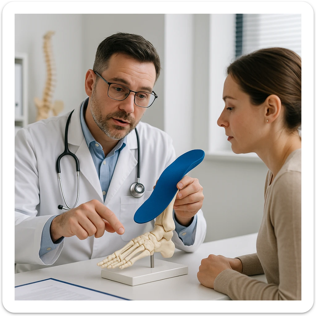 Realistic 4K image of a woman consulting an orthopedist who is pointing to an anatomical foot model, showing an orthotic insole and explaining her postural problems, professional medical environment. sticker