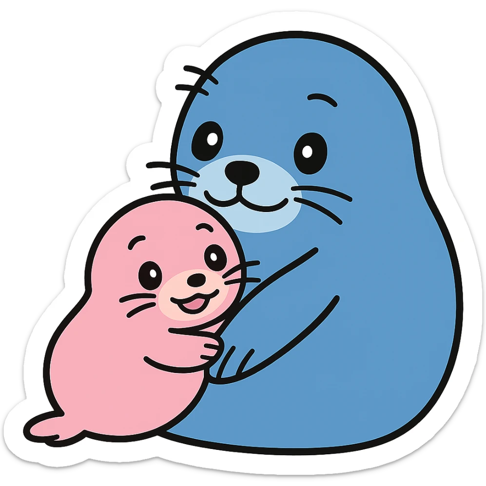 Transform the seal pup and mother in the image to resemble Yo-chan and Tusk-chan from Tokkari Centre, maintaining the loving pose and preserving the transparent background. sticker