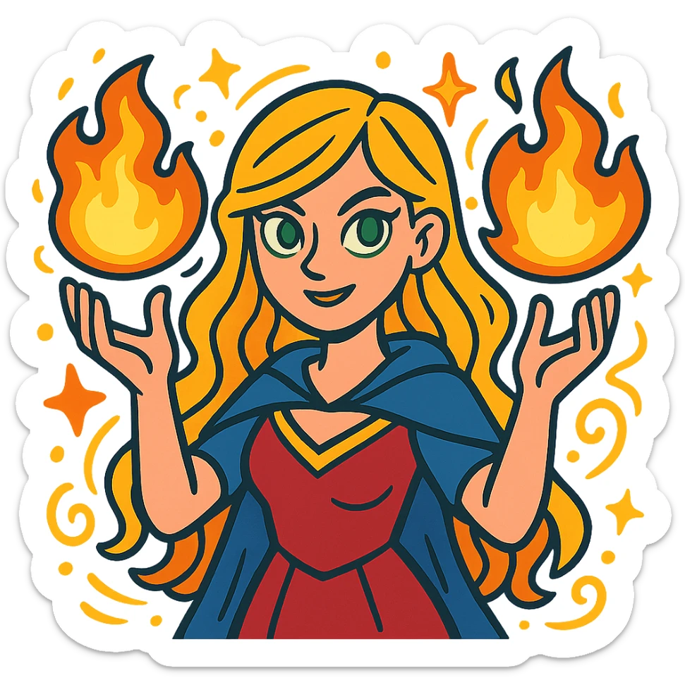 blonde woman with green eyes holding fireballs in her hands, surrounded by magical effects, vibrant toon style sticker