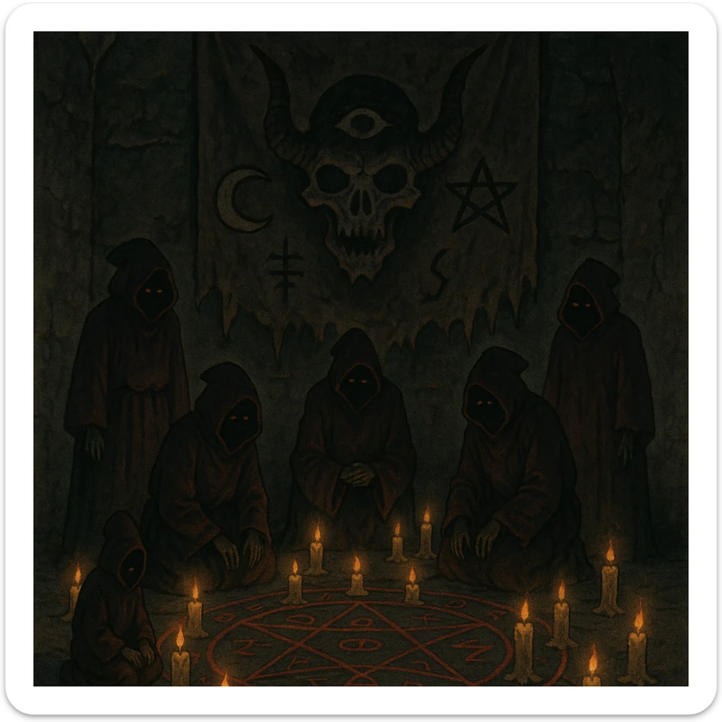 creepy banner, ritual circle with hooded cultists, candles, ominous symbols, occult horror style sticker