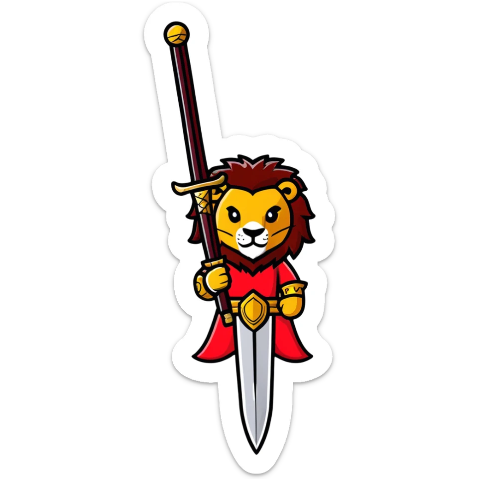 gold colored long sword with deep red handle and a gold lion on the end of the handle sticker
