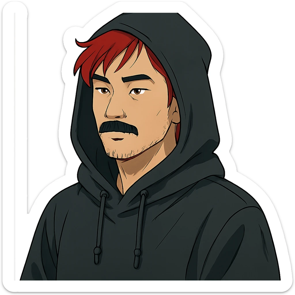 Asian man with black mustache, red hair, wearing a black hoodie in Japanese cyberpunk anime style sticker