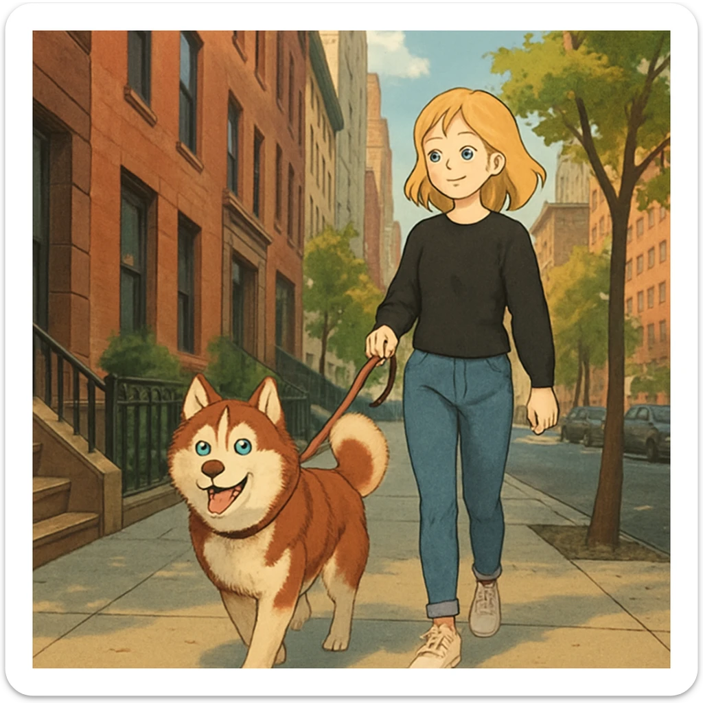 Cute Blonde woman wearing a black sweater and jeans and white sneakers walking a happy red-brown blue-eyed Siberian husky in New York City on an upper east side city sidewalk  sticker