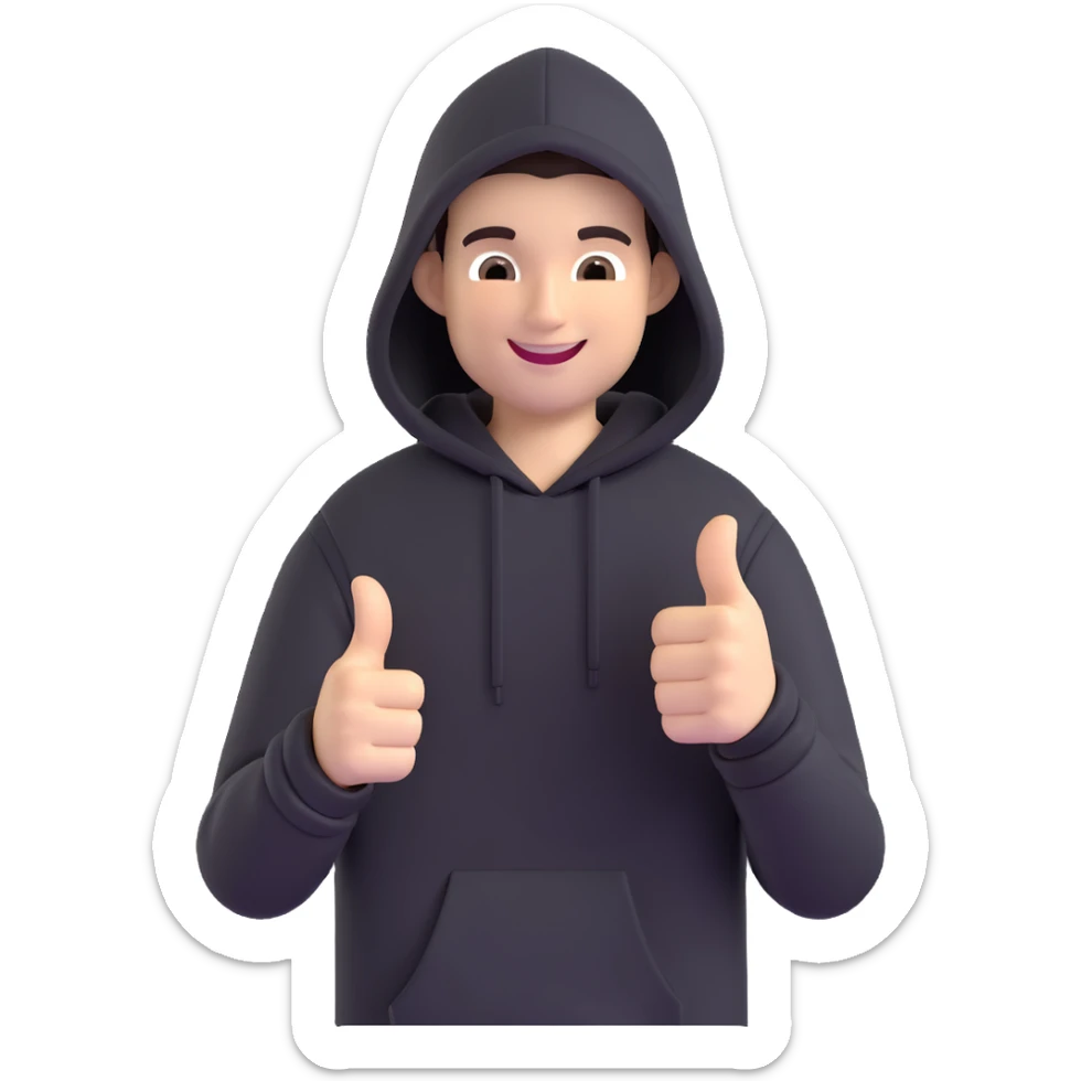 person in black hoodie giving a thumbs up, smiling, 3D style sticker