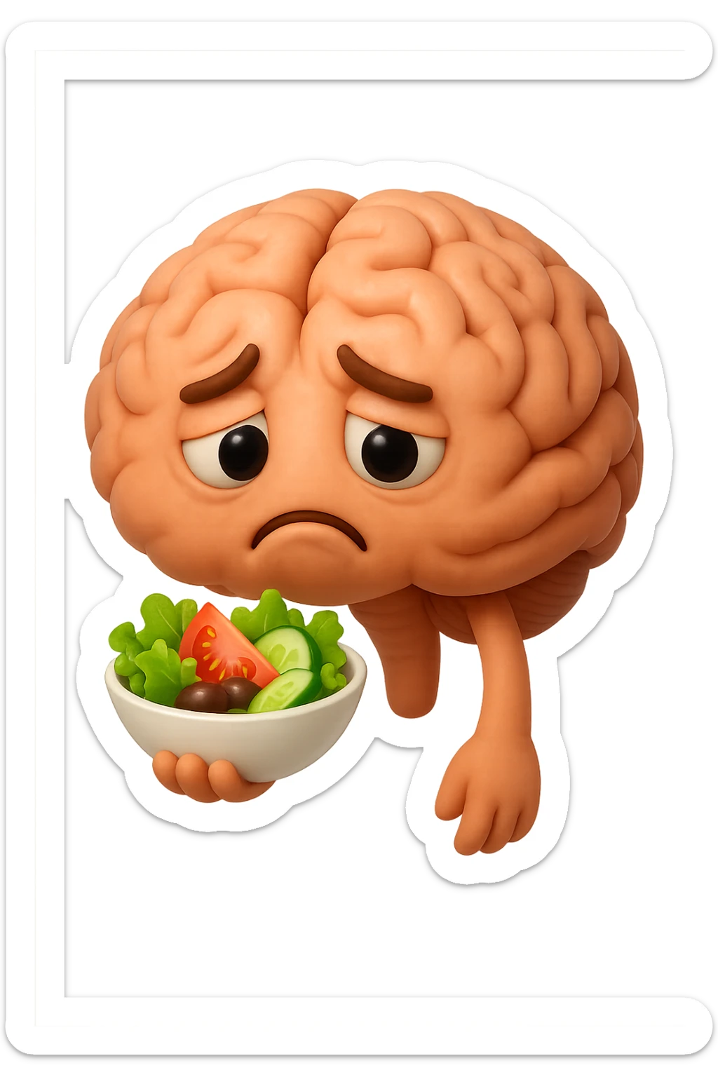 EMOJI STILE IPHONE 3D DI UN cervello umano che tiene in mano un insalata con espressione triste, iperrealistico 4k sticker