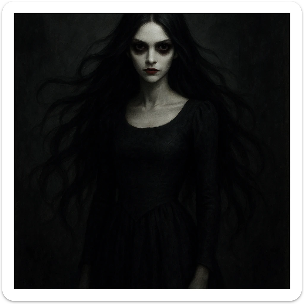 beautiful scary girl, pale flawless skin, long flowing black hair, elegant dress, unsettling aura, horror illustration sticker