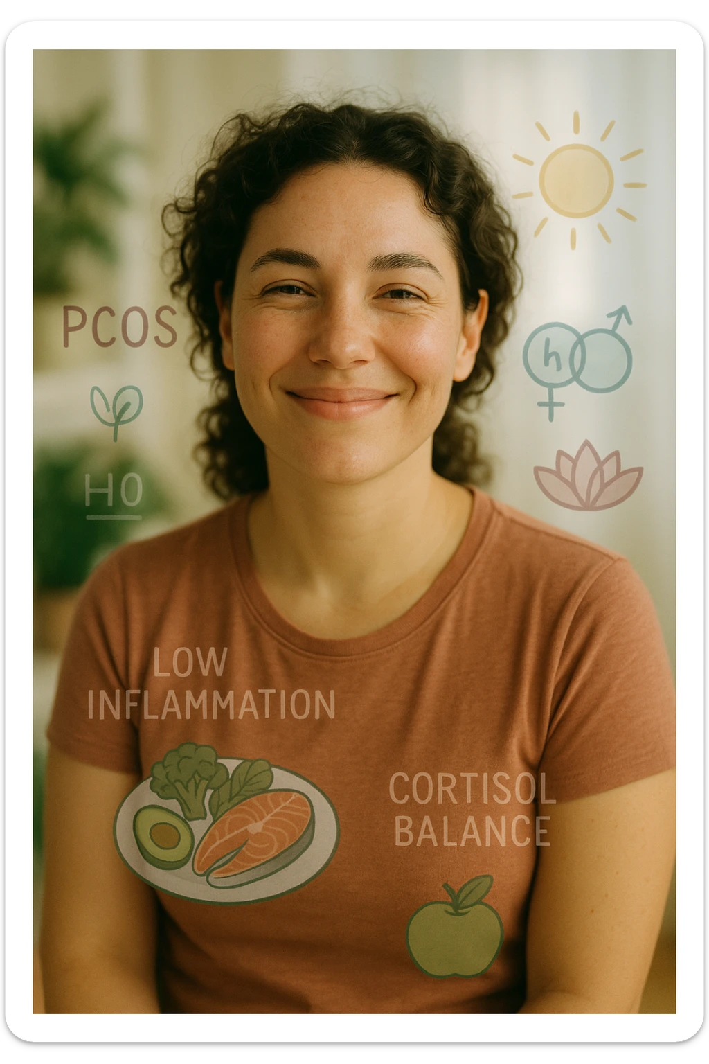 Realistic and cinematic vertical 2:3 portrait of a happy and healthy woman with PCOS, satisfied expression, balanced diet maintaining low inflammation and cortisol. Bright atmosphere with symbols of hormonal balance and well-being, very few writings. sticker