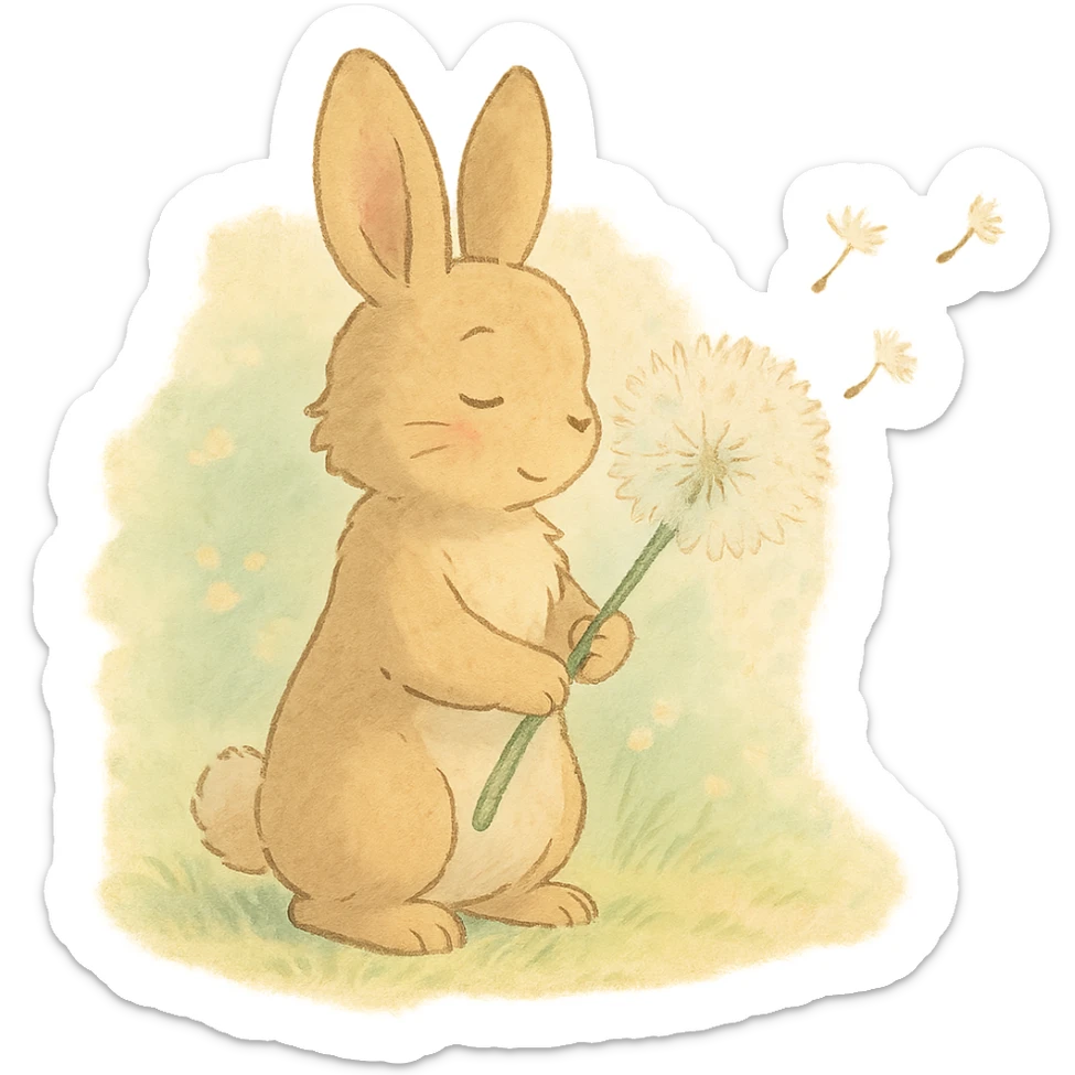 bunny holding a dandelion in the breeze, gentle spring vibe, soft pastel colors sticker
