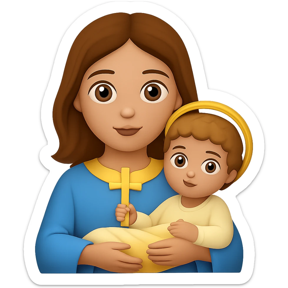 Remove hood from Mary, give her brown hair, keep light skin and baby Jesus, in emoji style. Remove background. sticker