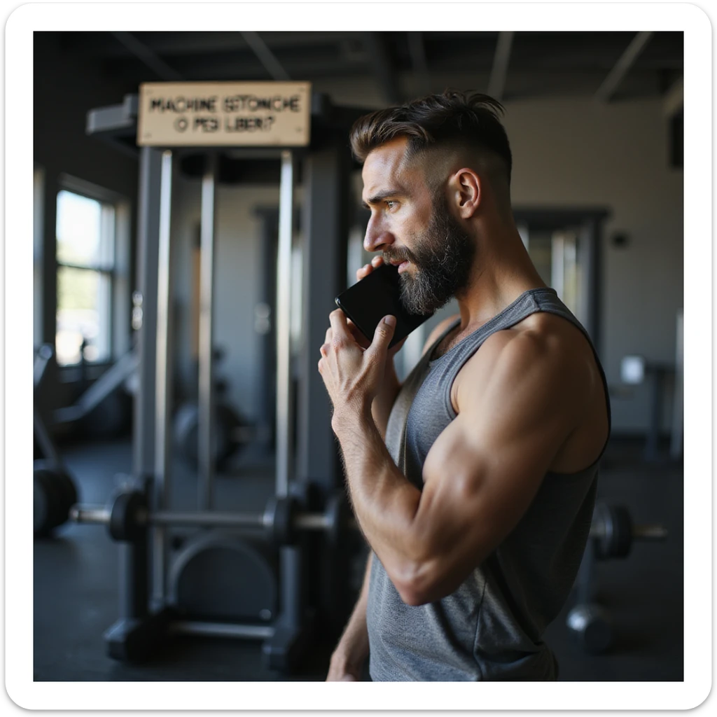 adult man in gym consulting phone in front of isotonic machine and free weights rack, indecisive expression, wearing sportswear, atmosphere of doubt, realistic details, sign with 'Macchine isotoniche o pesi liberi?' written, 4K quality sticker