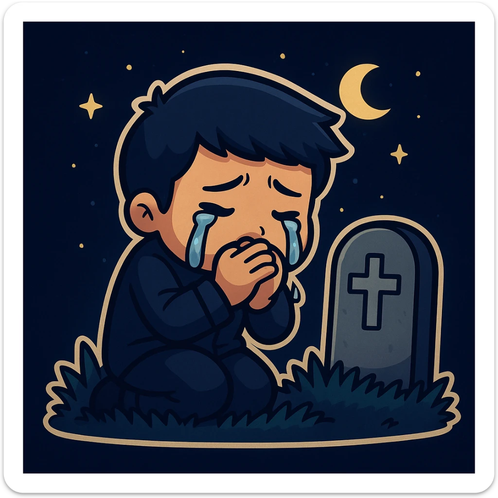 Make the scene night time with a man crying over a grave in the style of cartoonish stickers. Highlight the night mood and sadness, keeping the sticker style. sticker