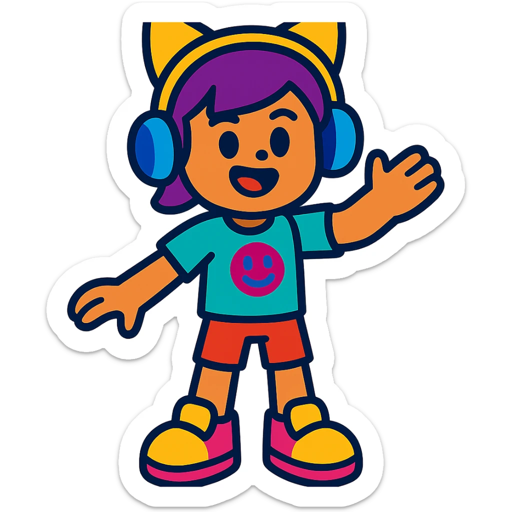 PK XD character, vibrant and playful, full body, colorful, cartoon style sticker