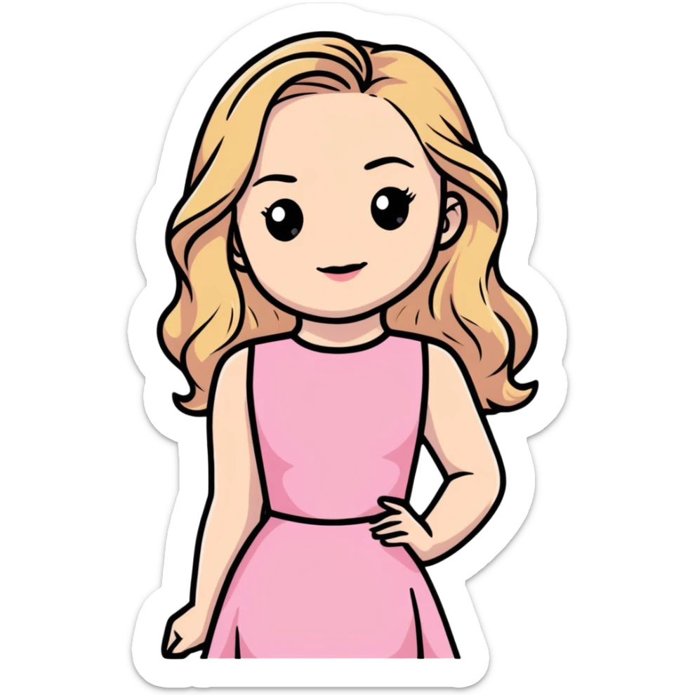 Sabrina Carpenter blonde singer in her Short n' Sweet era, pink dress and glamorous sticker