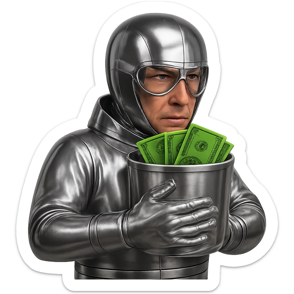 Make the character's goggles chrome to match the suit and helmet. Keep the skin color and face natural, the suit and bucket chrome, and the dollar bills realistic. The background should remain transparent. sticker