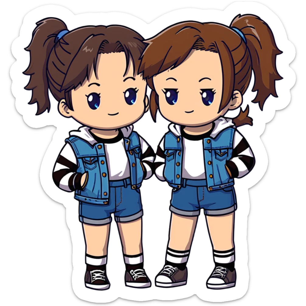 Two anime girls who are best friends, both with brown shoulder length hair. First girl has blue-green eyes, wearing black and white striped t-shirt, denim jacket, and denim shorts. Second girl has brown eyes, wearing denim overalls, with hair in a ponytail secured by a claw clip. sticker