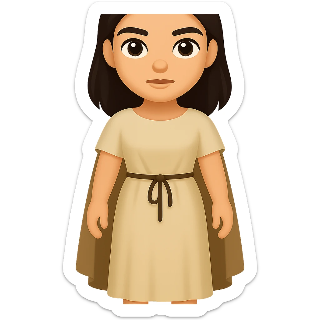 Create a fullbody view of a character in the style and proportions of the reference image. The character should wear a plain light tan dress, have dark hair, and wear a cape like in the reference image. The style is emoji style with a transparent background. sticker
