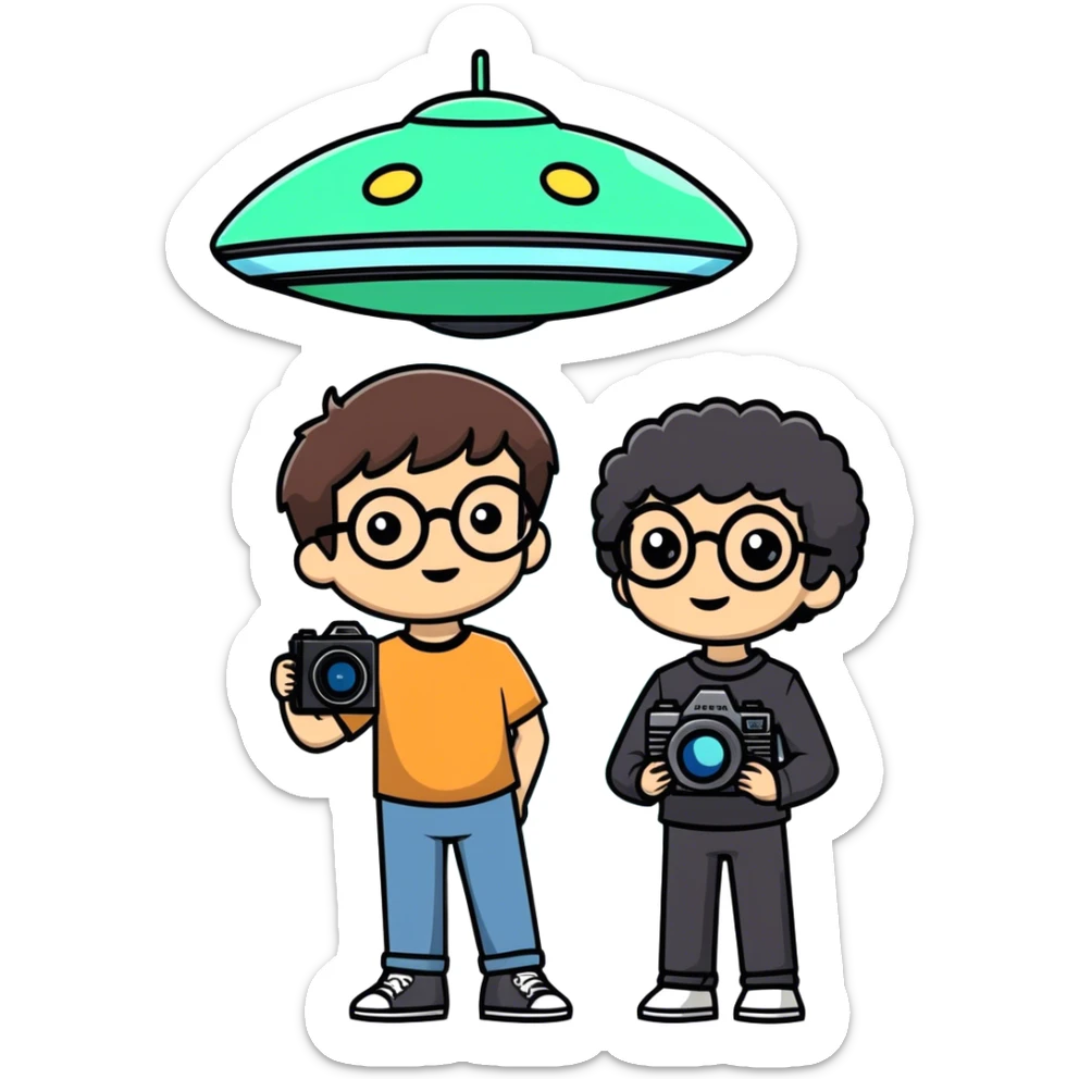 A little boy with straight black medium-length hair, white skin, and black eyes wearing black-framed glasses is taking photos on a UFO with a camera. Beside him, there is an alien and a brown round-headed poodle. sticker