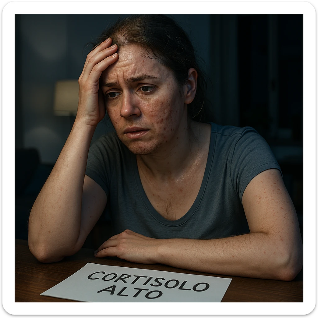 hyperrealistic 4K detailed image of a woman with PCOS and high cortisol, face with acne, chin hair, thin hair, very stressed expression, sweating on forehead, sheet with 'CORTISOLO ALTO' written on the table, nighttime home environment, blue light sticker